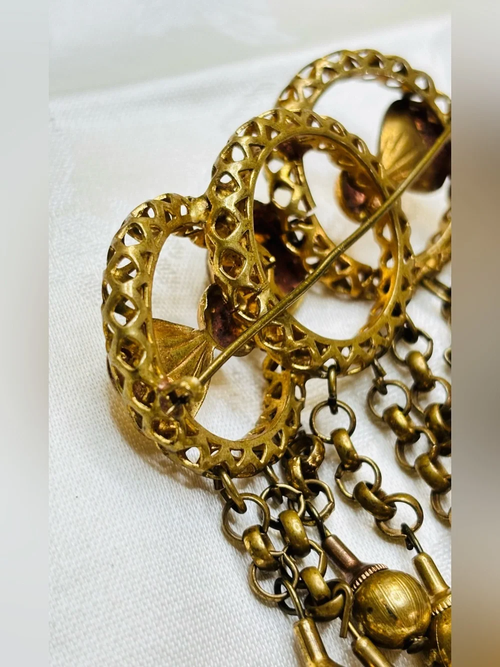 Antique Victorian-Revival 30’s Ornate C-clasp Brass Floral Filigree Brooch